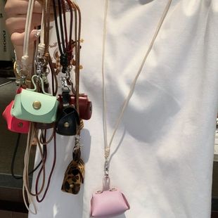 Retro Leather Halter Mini Headphone Bag Coin Purse Women's Fashion Cute Coin Purse Long Necklace Accessories