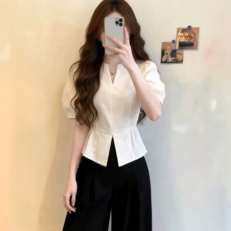 French-Style High-End White Puff Short-Sleeve Shirt for Women, Summer Plus-Size Stylish Waist-Cinching Slimming Blouse Top