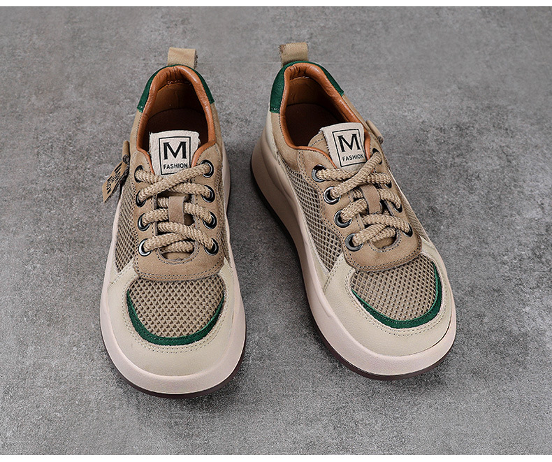 Giày sneaker nữ đế dày da bò thật lỗ thoáng khí phong cách retro — màu be chi tiết 14