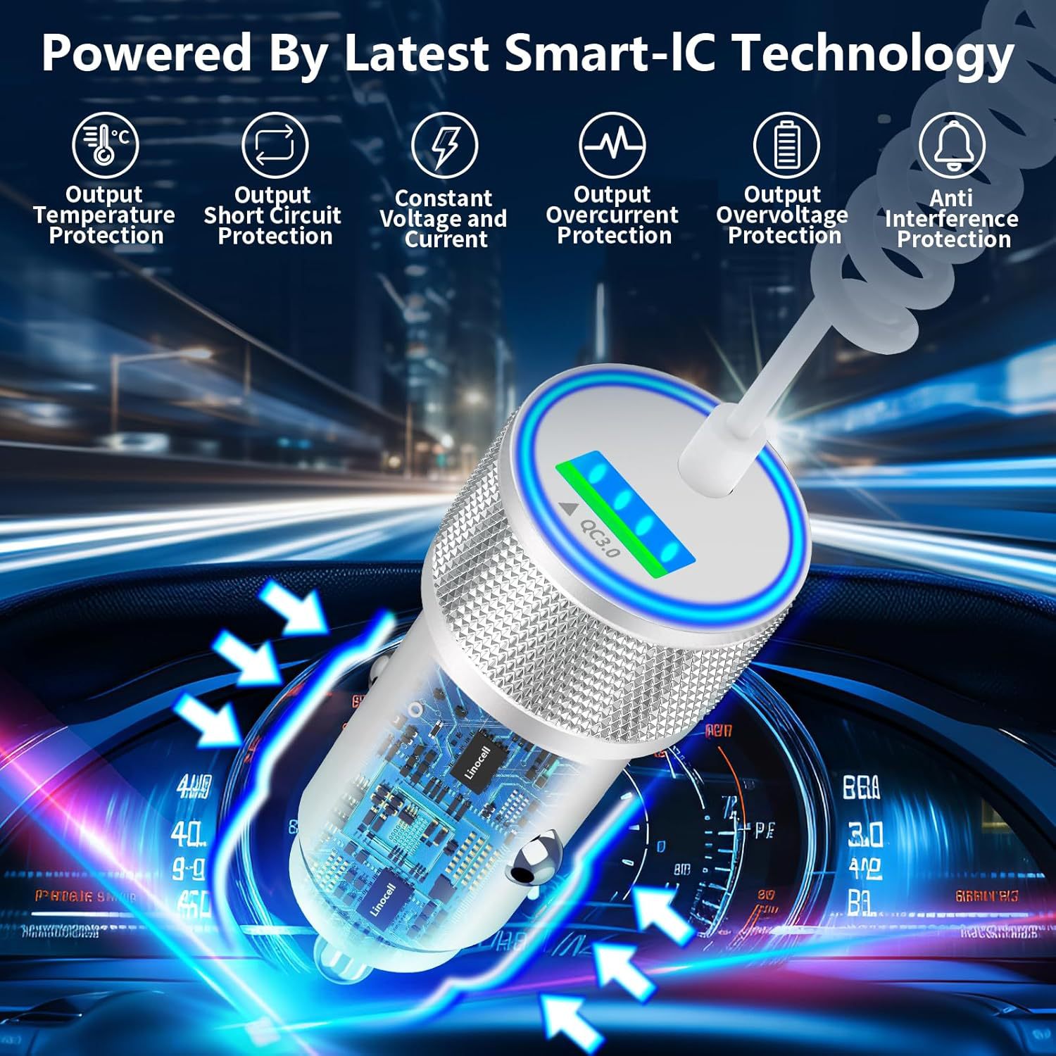 Car Charger Dual Fast Charging Metal Material Super Qc3.0 Spring Cable Suitable for Apple Flash Charging