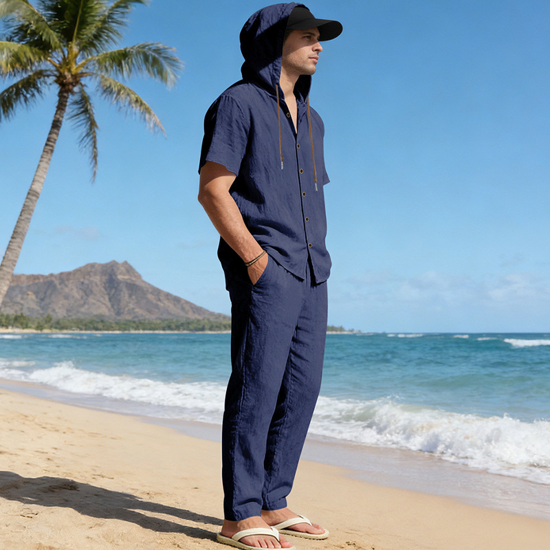 Herren Sommer Leinen Set Kurzarmhemd Und Hose Im Casual Style_voghion.com