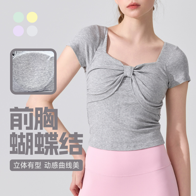 Modal Bow Yoga Suit Short-sleeved Women's Single Wear with Chest Pad Comfortable Breathable Slim-fit Slimming Sports Top for Women
