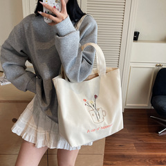 刺绣小花帆布包包女大容量学生单肩手提袋小众睿营上课通勤托特包