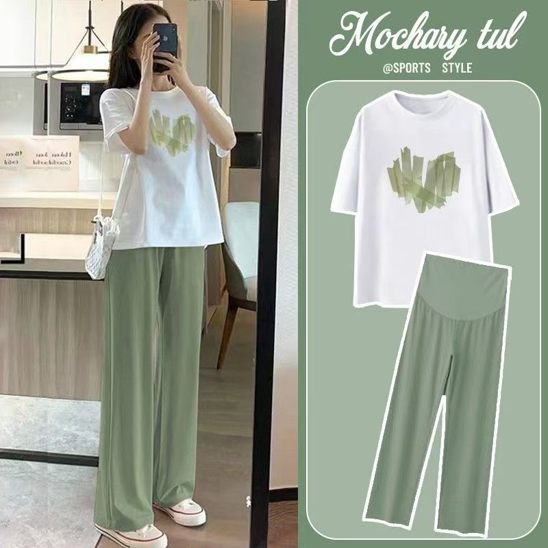 Pregnant Women's Summer suit Pure Cotton Short-sleeved T-shirt Internet Popular Fashion Outgoing Loose Draped Ice Silk Wide-leg Pants for suit Summer