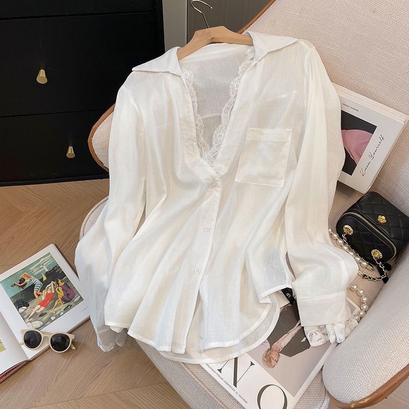 白色假两件蕾丝拼接衬衫女2025春夏韩版新款薄款西装长袖宽松上衣