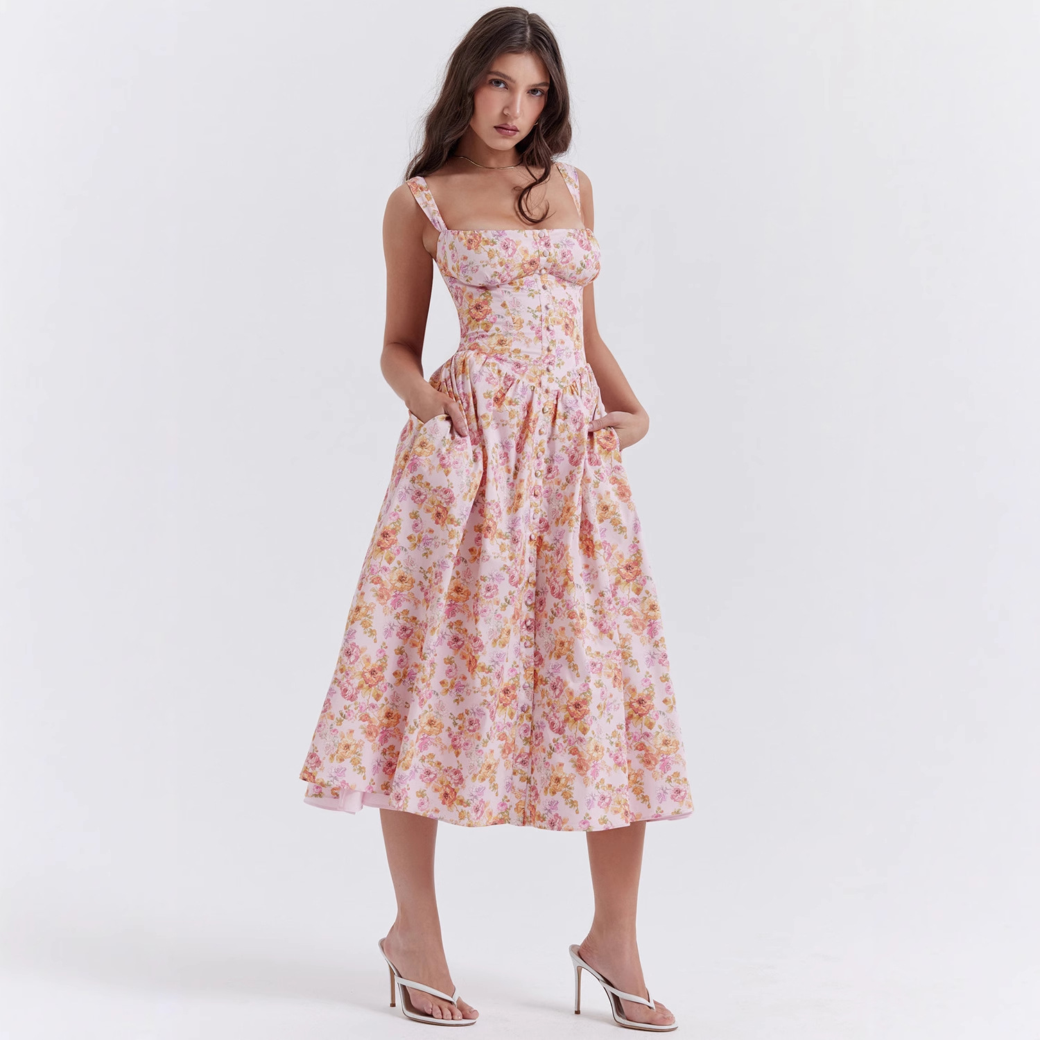 2023 Summer Camisole Dress With Front Buttons, Back Tie, Lace Trim Above The Bust, Elegant And Stylish_voghion.com