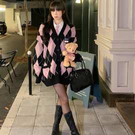 5921#画解WAH草莓奶糖慵懒风菱格毛衣外套女春宽松中长款针织开衫