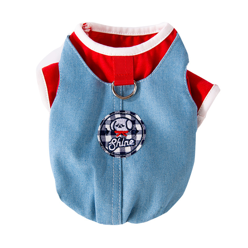 Primavera y verano perros cachorros pegatinas bordadas vaqueros falsos dos camisetas de tracción gatos de dos patas peluche ropa de perro