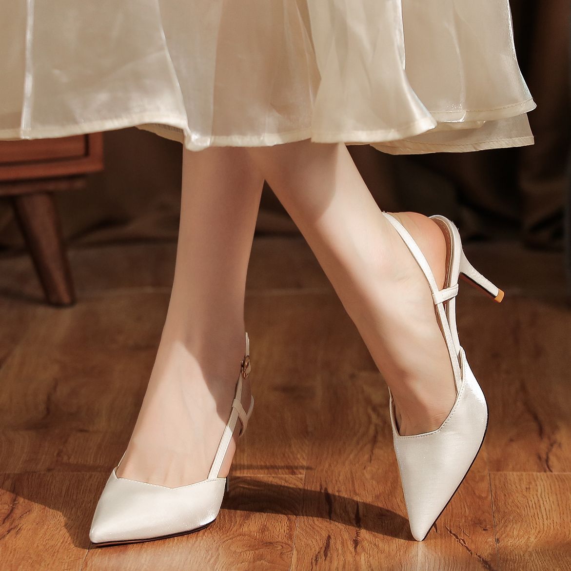 7755C Satin Front Closure Back Open Strap Sandals Thin Heel High Heels Professional Shoes Commuting Elegant Versatile_voghion.com