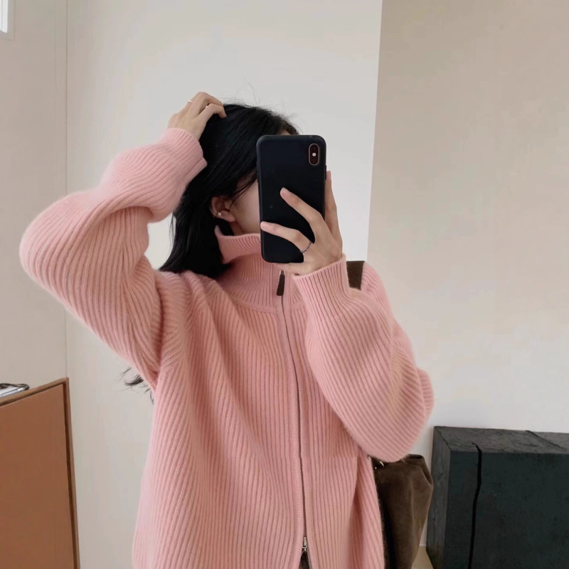 灰色浣熊绒半高领立领双拉链毛衣外套女秋冬加厚外搭外穿针织开衫|undefined