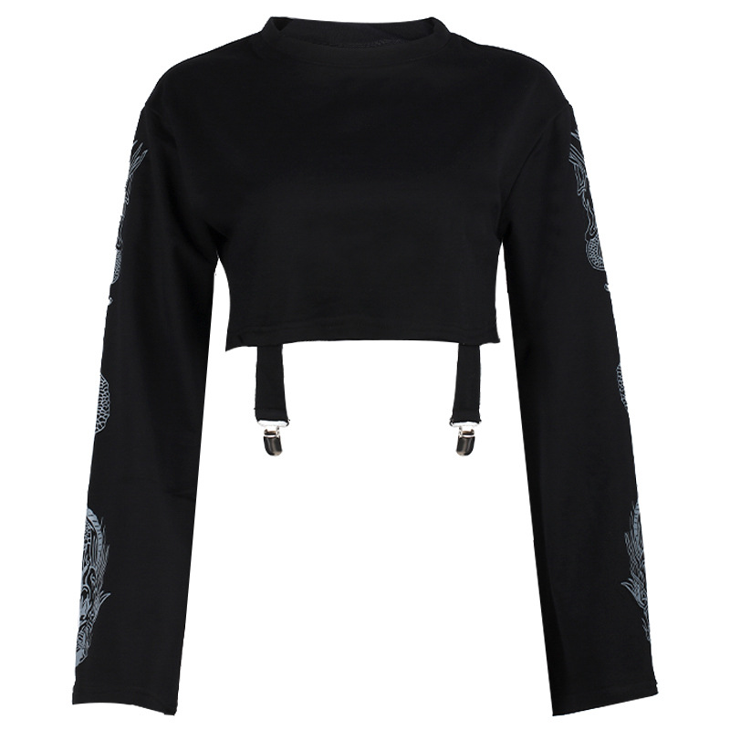 Felpa corta corta con stampa drago nera e scollo rotondo estivo ins2022 per donna_voghion.com