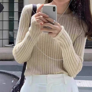 新款羊毛衫女纯色抽条圆领洋气时尚显瘦内搭羊绒针织毛衣打底批发