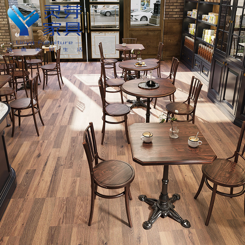 Mesas y sillas cuadradas de madera maciza retro americana combinación cafetería tienda de té con leche tienda de postres restaurante occidental barra de limpieza mesa comercial
