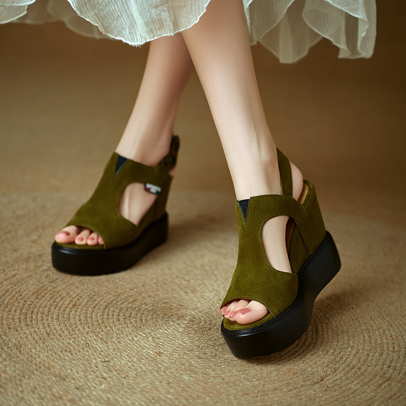 Sandal cao gót nữ hở mũi đế xuồng tăng chiều cao, phong cách La Mã, gót 9 cm — màu đen, xanh lá cây