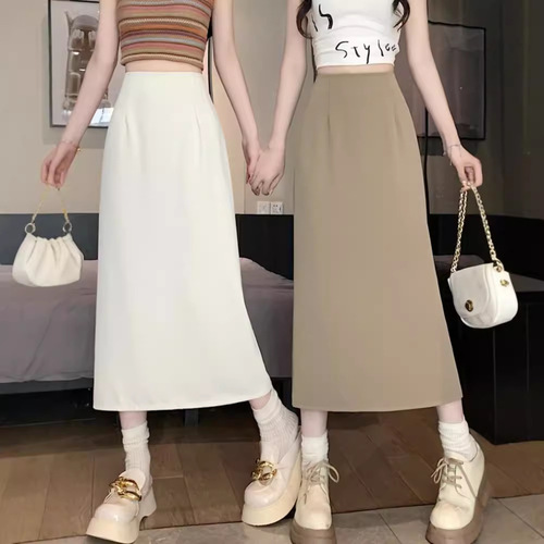 Glossy Stretch Waist Grey Suit Fabric Skirt for Women - Summer Bodycon A-line Skirt, High-Waisted Slimming Skirt with Slits, Mid-Length Dress