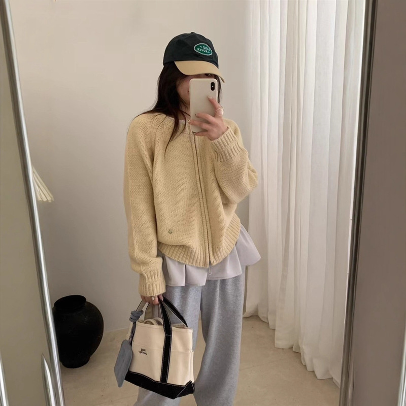 慵懒风双拉链毛衣外套女2025秋冬马海毛贝壳标简约韩系针织开衫潮|undefined