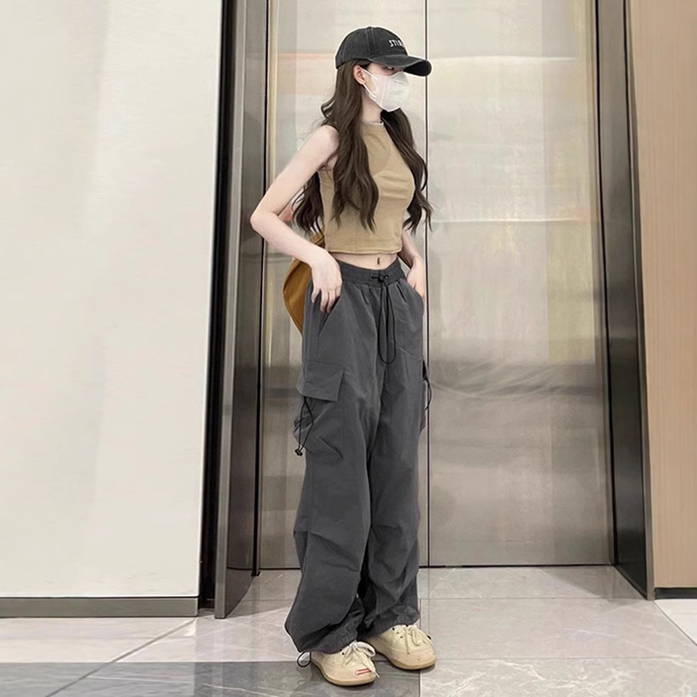 다크 그레이 얇은 빠른 건조 바지 바지 여성용 초가을 짧은 하이 허리 낙하산 바지 미국 스트레이트 팬츠