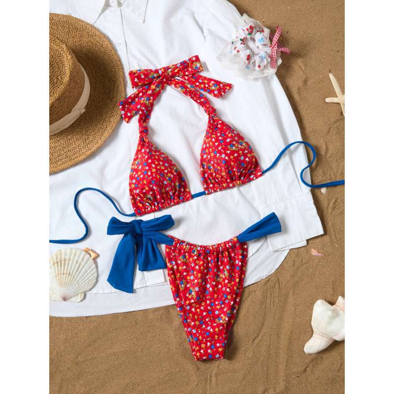 European and American New Swimsuit Women's Red Floral Lace-Up Bikini Strap Bow Sexy Cross-Border Foreign Trade Swimsuit