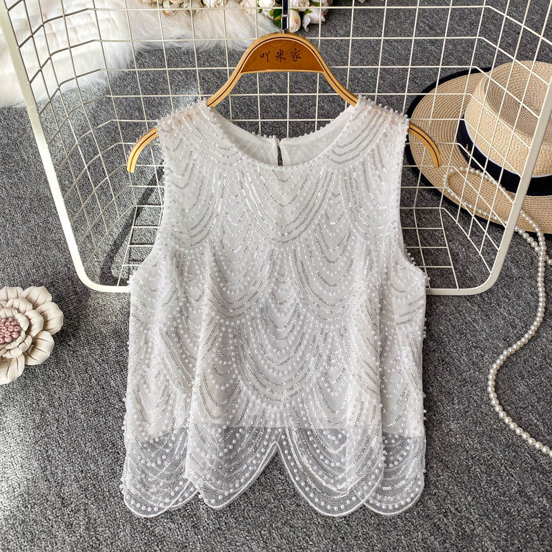 Foreign Trade Heavy-Duty Beaded Sequin Sleeveless Vest for Women 2025 Summer New Design with Asymmetrical Arc Shape Slimming Look