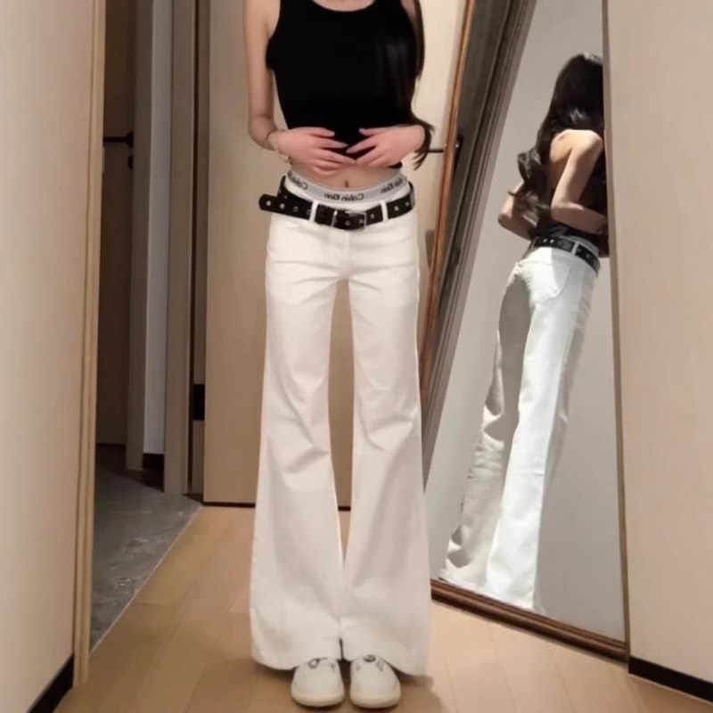 American High Street Style White Low-Waist Flared Jeans for Women, 2025 Spring New Loose Fit Slimming Hot Girl Floor-Length Bell-Bottom Pants