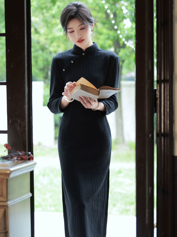 改良黑色旗袍女长袖2025年秋冬新款民国风气质年轻款少女新中式|undefined