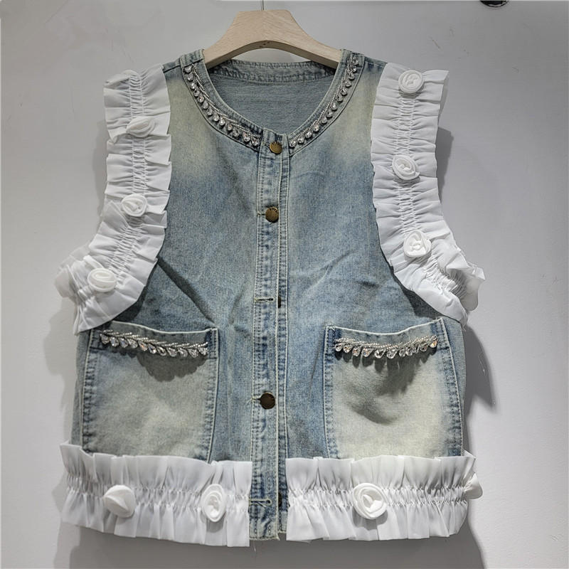 Dulce diseño de flores tridimensionales chaleco de vaquero para mujeres 2026 primavera y verano nuevo estilo estilo estilo exterior versátil chaqueta retro