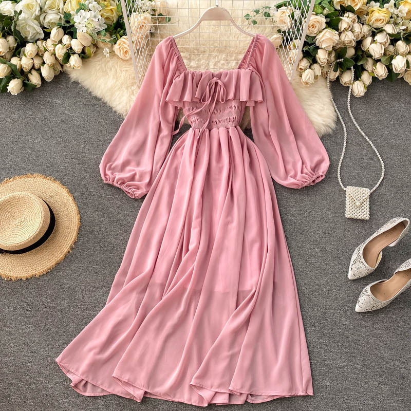 Chic Gentle Style Dress Autumn New Women's French Retro Square Collar Fashionable Puff Sleeve Chiffon Dress