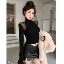 黑色网纱拼接高领T恤女春秋季修身内搭保暖打底衫短款长袖上衣潮