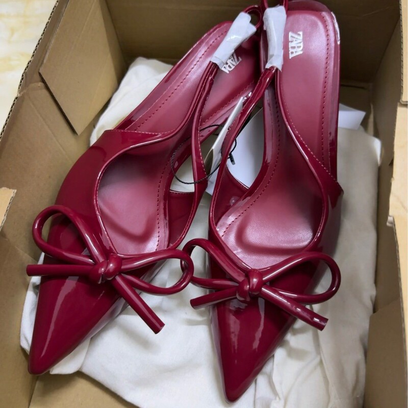 2025 Red Bow Backless Single Shoes for Women, Stiletto Heels, Shallow High Heels, Pointed Toe, Ankle Strap Sandals, European and American Style