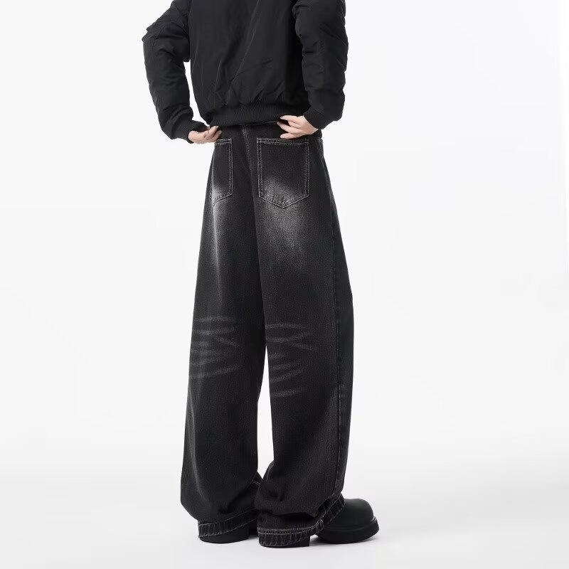 Men's Vintage Washed Denim Jeans Slightly Flared Wide-Leg Cat Whisker Detailing High-Street Style Cleanfit Black Blue (S-3XL)_mkmklike.com