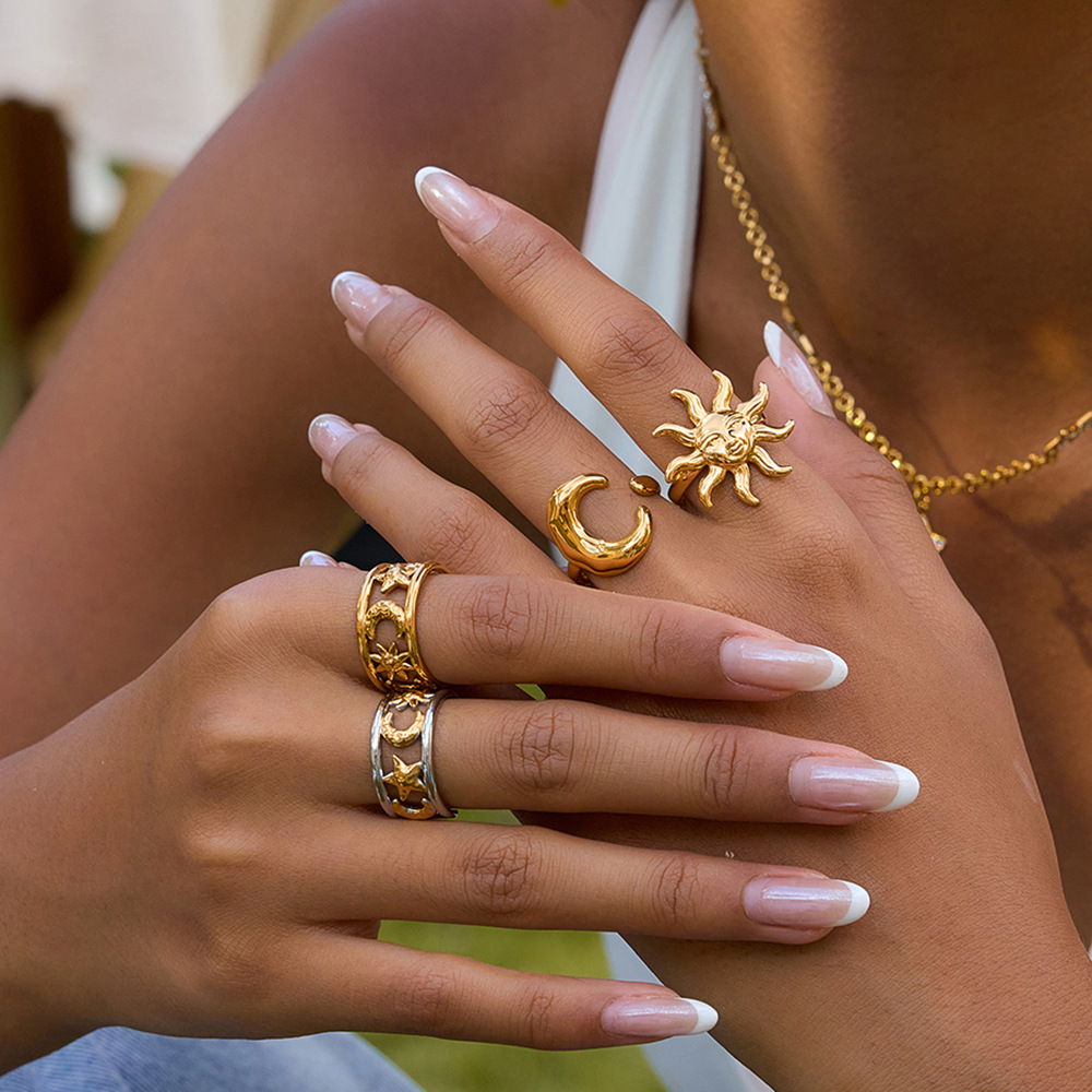 Wanxing anillo de acero de titanio sol europeo y americano nicho de alta calidad de la luna anillo de acero inoxidable ligero lujoso diseño de joyas transfronterizas