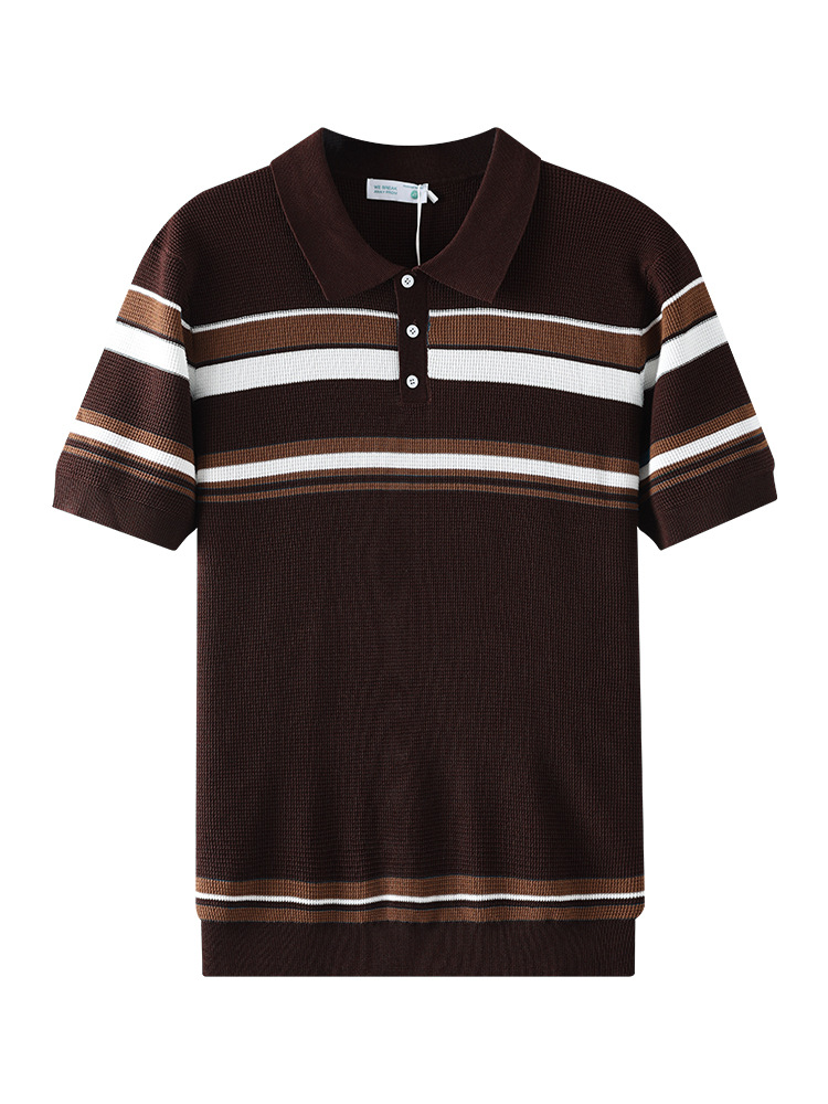 Hombres Waffle Stripe Polo Casual de negocios de alto nivel con collar de manga corta camisa de punto Paul