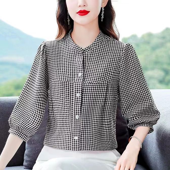 Red Plaid Shirt Women's Seven-point Sleeve Loose Collar 2025 Summer New Middle-aged Mother's Small Shirt Western Style Top