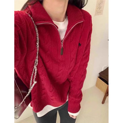 欧品の新型の爆発金の半ファスナーの麻の花のデザイン感の小さい大衆のニットの服の秋冬の小さい背の柔らかいモチモチとしているセーター