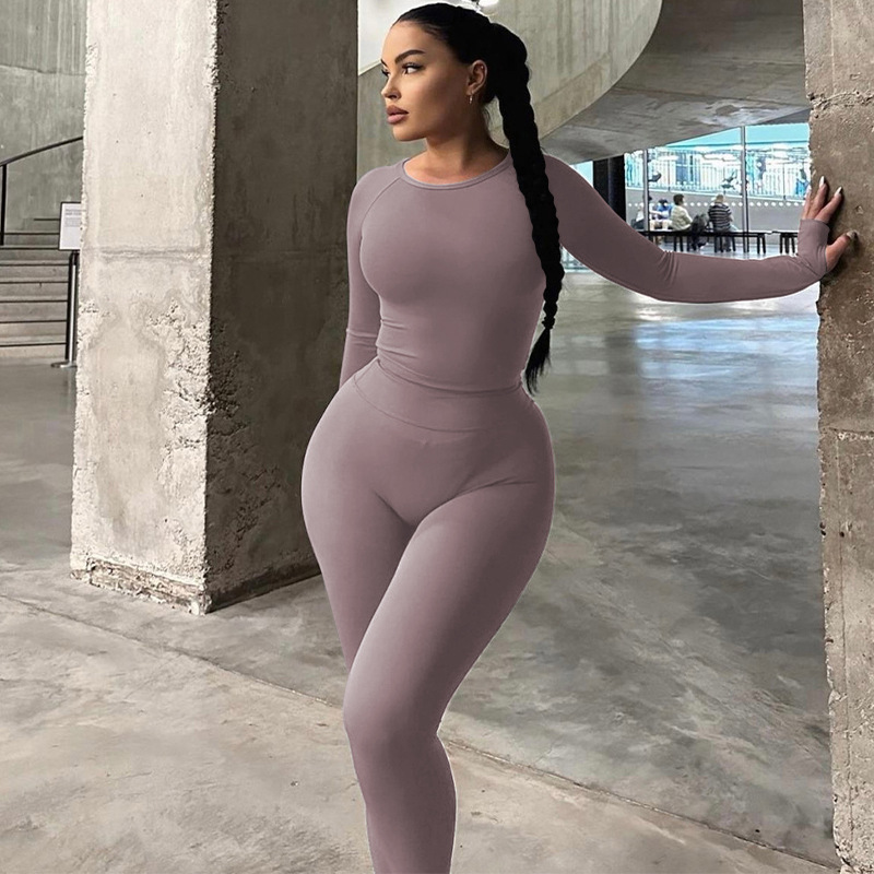 Amazon women's 2024 summer new fashion long sleeve top slim high elastic sports yoga pants suit wholesale