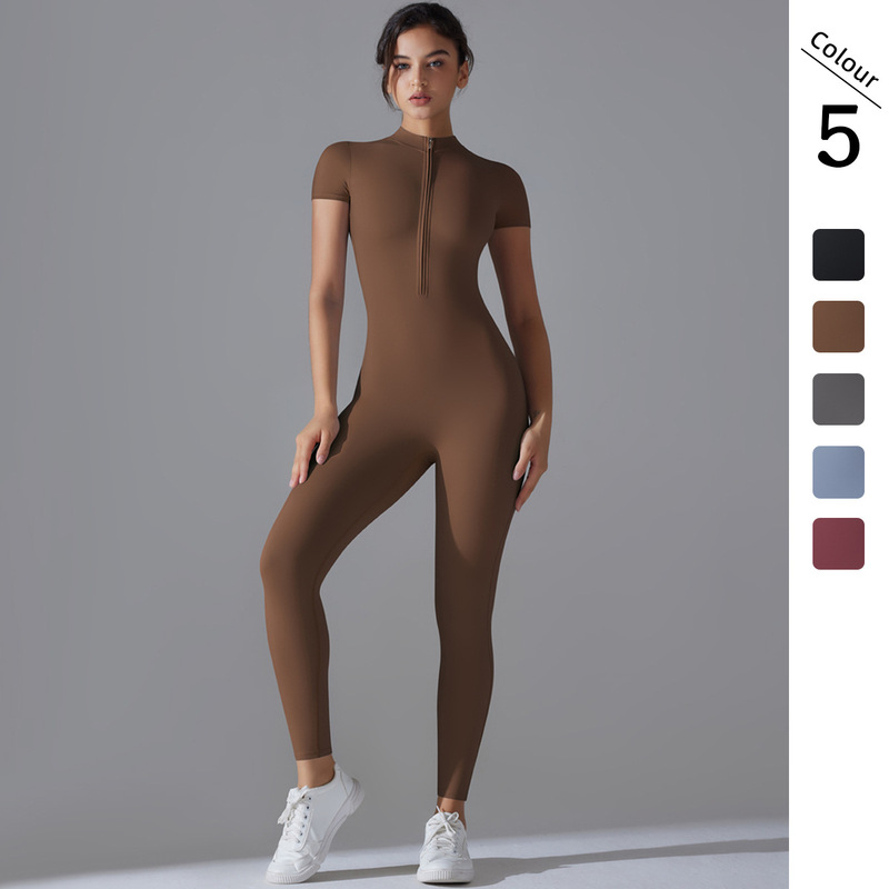 New Solid Color Zipper Tight High Elastic Short-sleeved Jumpsuit Sports Fitness Running Nine-point Jumpsuit Yoga Wear