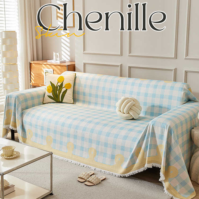 Tela de toalla de sofá fresca pequeña a cuadros amarillos/rosa, nuevo cojín de sofá, manta universal de cubierta completa de cuatro estaciones