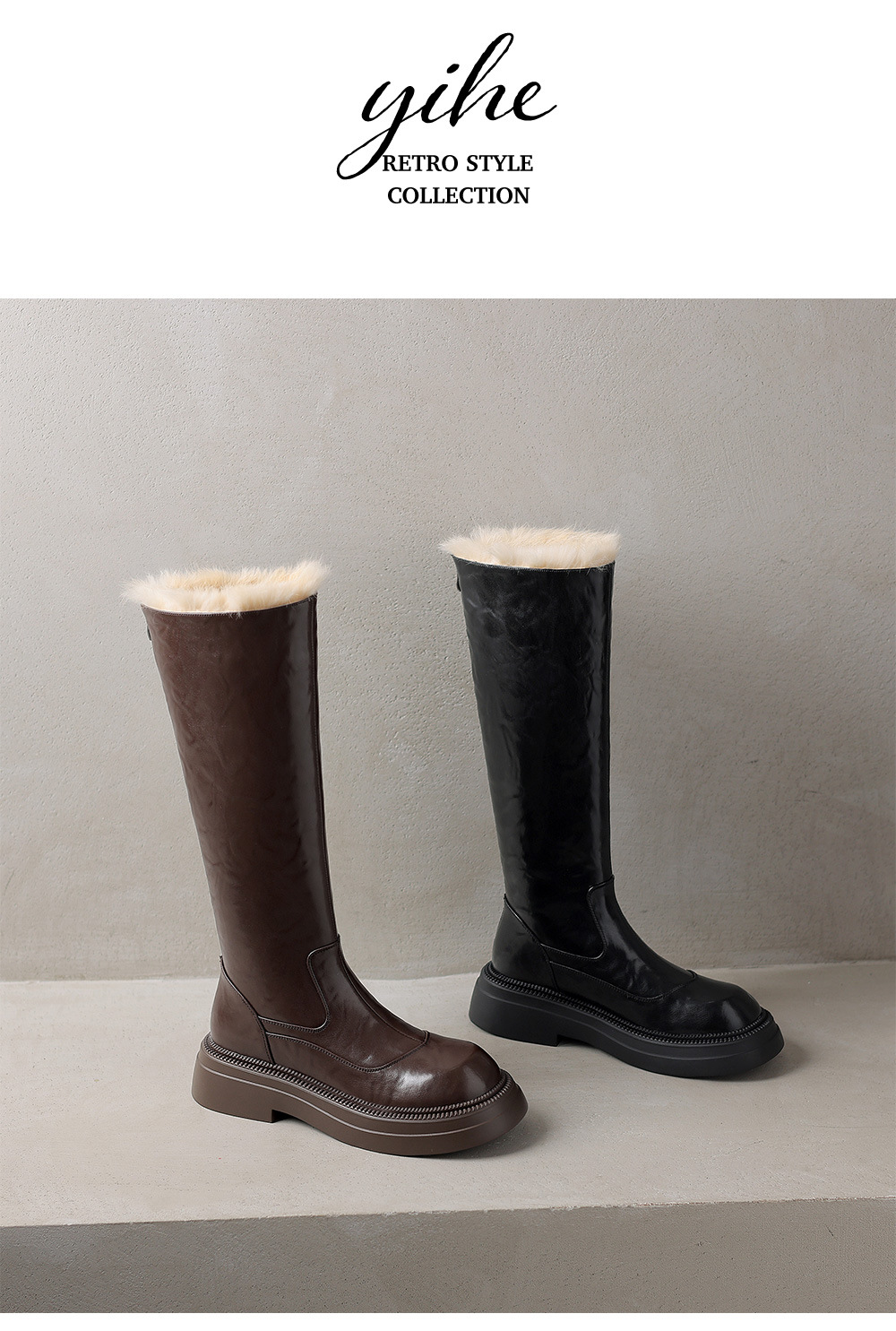 Boot nữ da thật cổ cao đế dày lông ấm mùa đông chống nước — màu nâu chi tiết 14