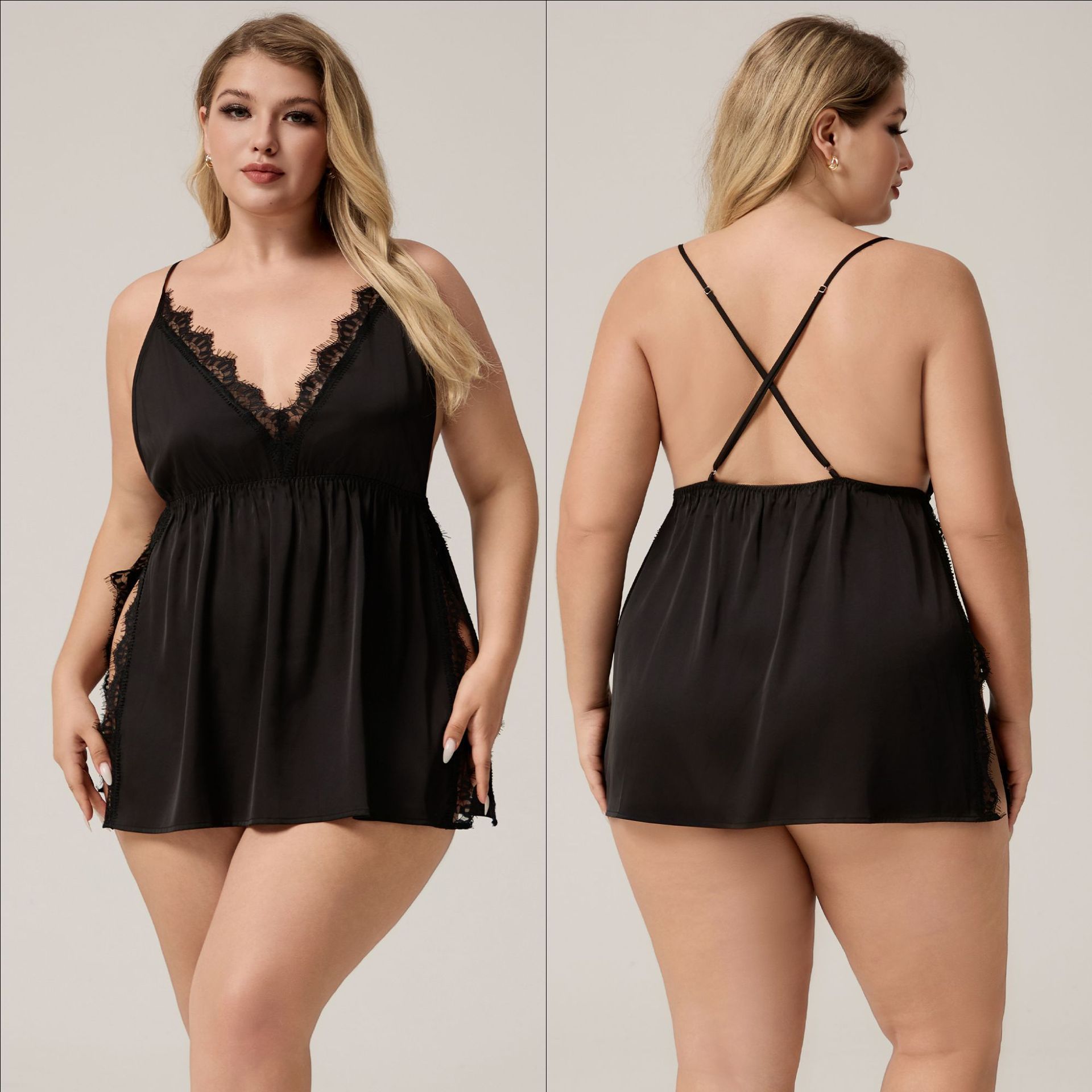 Yaoting nuevo satén de chiffón de tamaño grande pijama de cabina de verano de pijama de encaje sexy ropa de hogar de cuello en V DQ3804