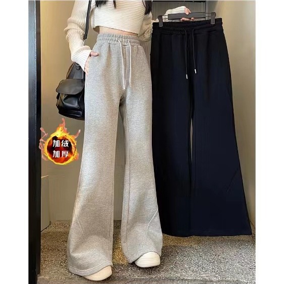 Horn Sweatpants Women's Fleece-Lined Pants 2024 Autumn and Winter New Sports Pants Thickened Western Style Grey Fashion Casual Pants