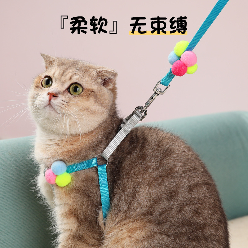 Cuerda de tracción para gatos, correa para el pecho, anti-liberación, cuerda para gatos, linda bola de pelo, especial para salir, ajustable para todas las estaciones