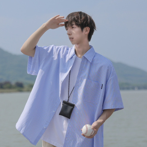 Japanese-style CityBoy blue striped short-sleeve shirt for men, trendy brand student casual five-sleeve shirt jacket for summer