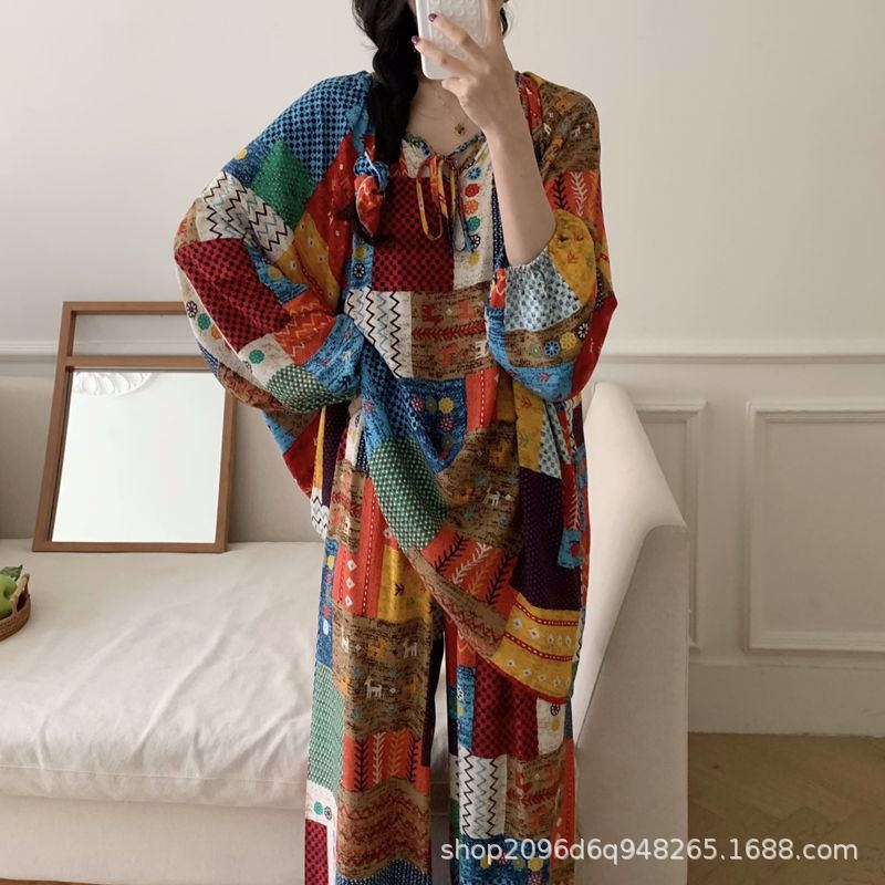 女性用パジャマ、春と秋の長袖人工綿シルク、国民風プリント、ゆったりとした大きいサイズの綿シルクホーム服セット、薄手|undefined