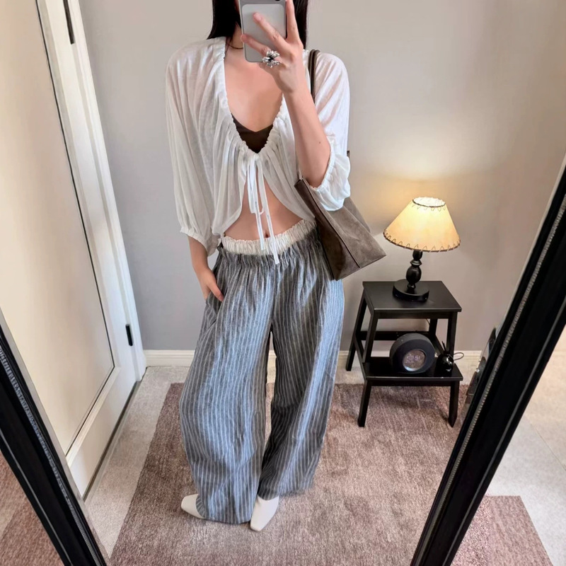 Retro style [same style as Song Zuer] linen double-waisted floral patchwork striped loose wide-leg straight pants