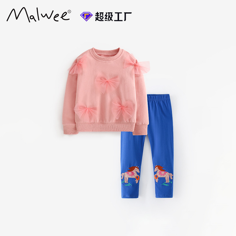 Malwee transfronterizo conjunto de niñas otoño y invierno nuevo estilo europeo y americano para niños de mediana edad cuello redondo mangas largas pantalones de cintura elástica dos piezas