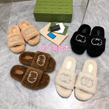 G家水钻26秋季新款毛拖厚底休闲平底可外穿羊羔毛一字拖平底舒适
