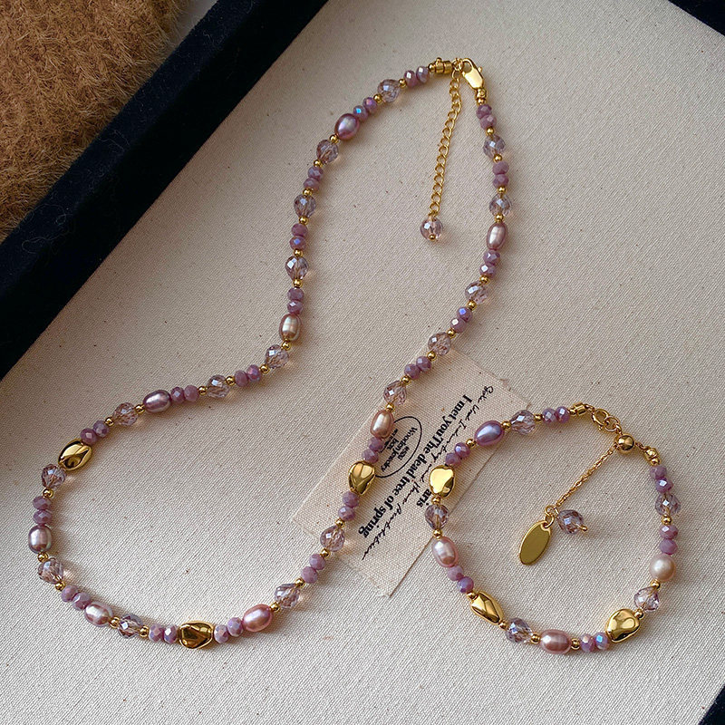 "Monet's Garden" Pink-Purple Rice-Shaped Freshwater Pearl Bracelet, Stylish and Elegant Pink-Purple Crystal Beaded Bracelet