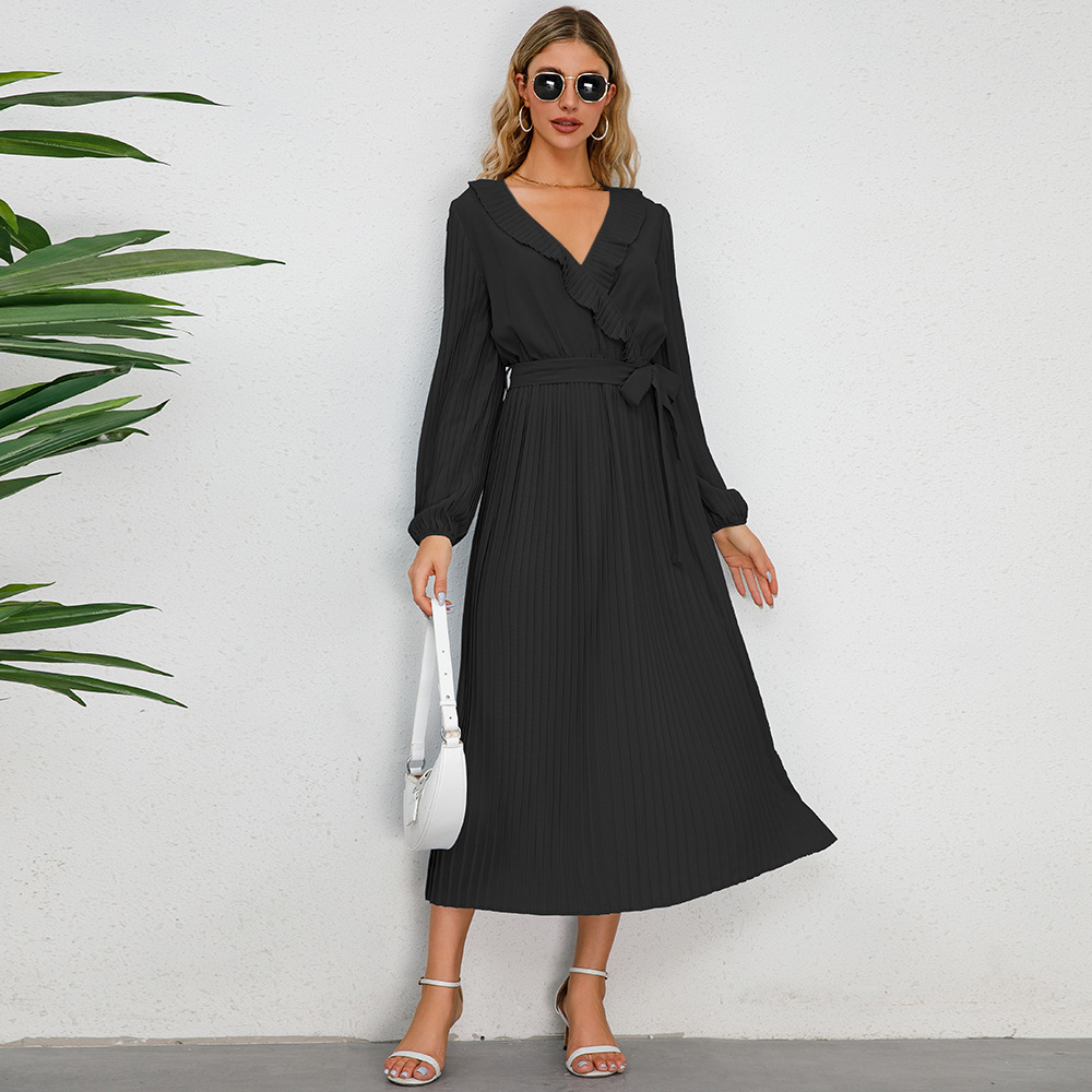 Women's Regular Dress Simple Style V Neck Belt Ruffles Pleated Long Sleeve Solid Color Midi Dress Daily Street display picture 15