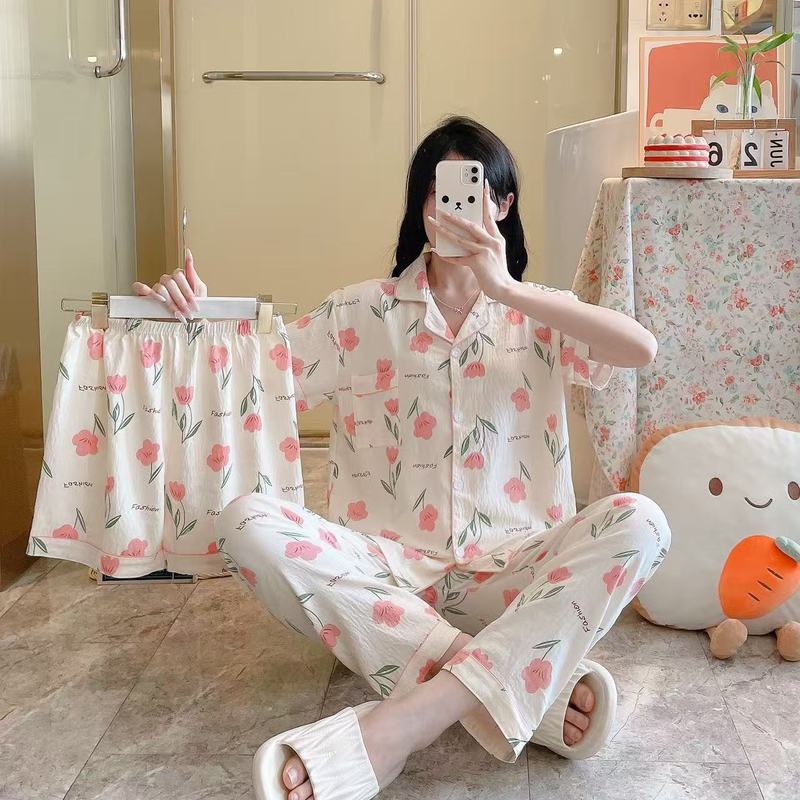 跨境云朵棉睡衣三件套女夏季短袖长裤短裤春秋季家居服套装外贸|undefined