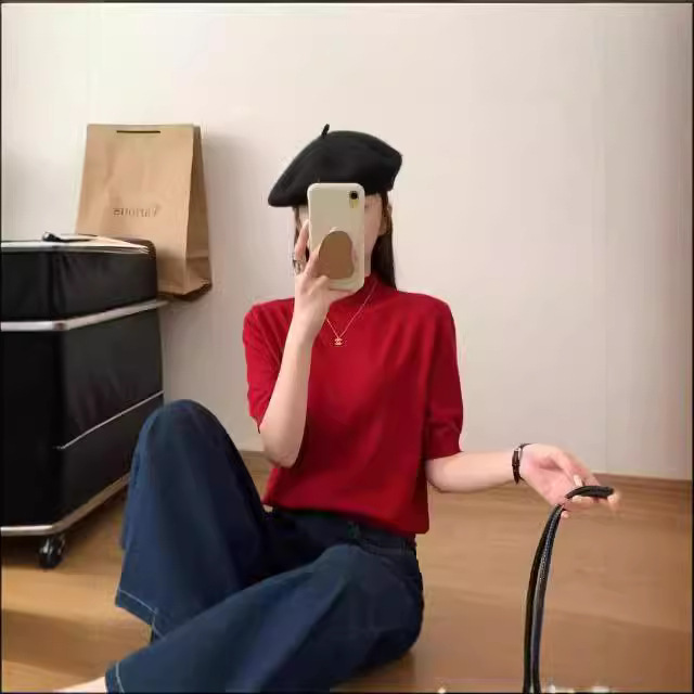 공장 직접 공급 대외 무역 반 높은 칼라 베이스 셔츠 여성의 봄과 가을 인테리어 슬림 핏 복고풍 빨간 스웨터 반소매 니트 스웨터